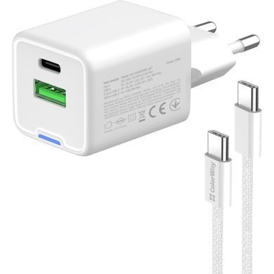 Зарядний пристрій ColorWay C101A GaN Mini 20W PD PPS USB-C + USB-A QC4.0 + cable USB-C to USB-C blac