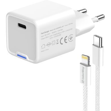 Зарядний пристрій ColorWay C101D GaN Mini 20W PD PPS USB-C + cable USB-C to Lightning white (CW-CHS0