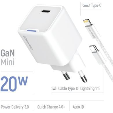 Зарядний пристрій ColorWay C101D GaN Mini 20W PD PPS USB-C + cable USB-C to Lightning white (CW-CHS0