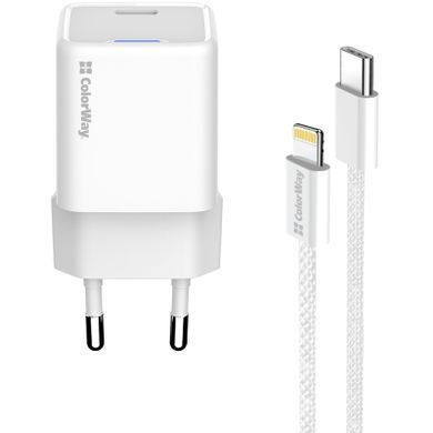 Зарядний пристрій ColorWay C101D GaN Mini 20W PD PPS USB-C + cable USB-C to Lightning white (CW-CHS0