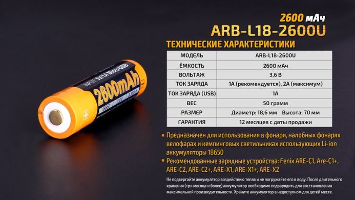 Аккумулятор 18650 Fenix (2600 mAh) micro usb зарядка