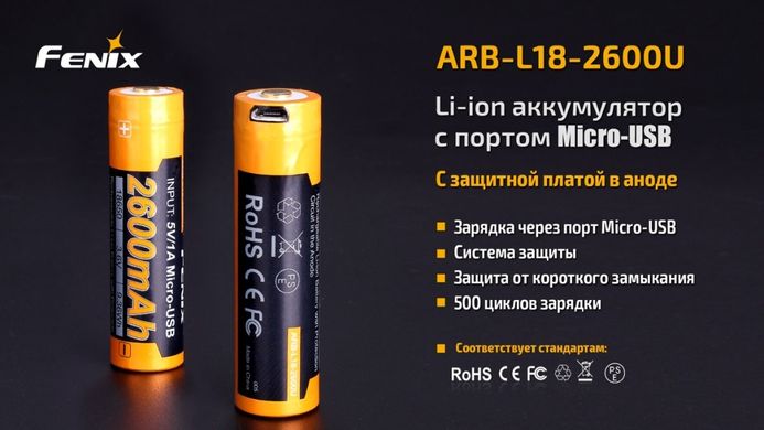 Акумулятор 18650 Fenix (2600 mAh) micro usb зарядка