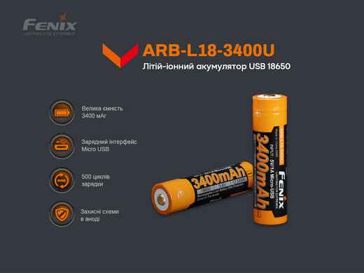 Аккумулятор 18650 Fenix (3400 mAh) micro usb зарядка